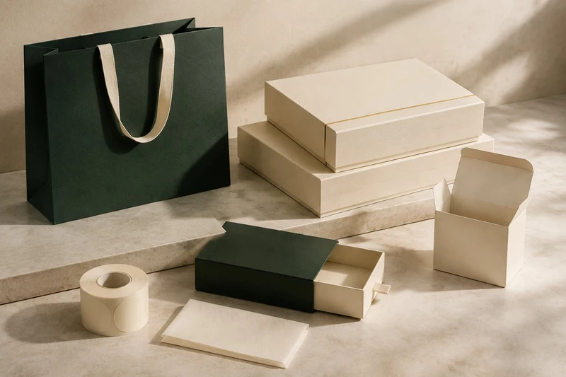 Op elkaar afgestemde samples van geschenkverpakkingen, papieren tassen en etiketten