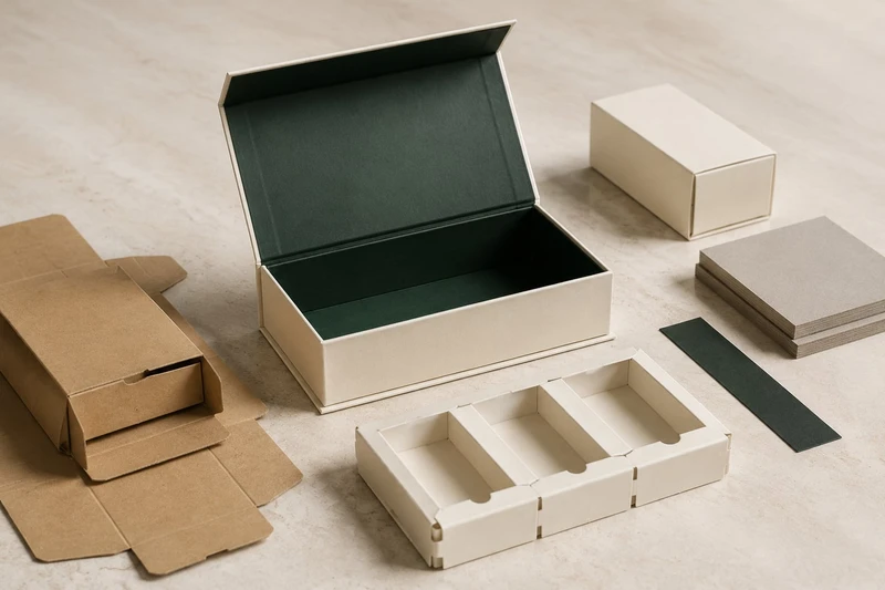 Constructiesamples van dozen op maat met passende kartonnen inlays op een tafel voor verpakkingsontwerp