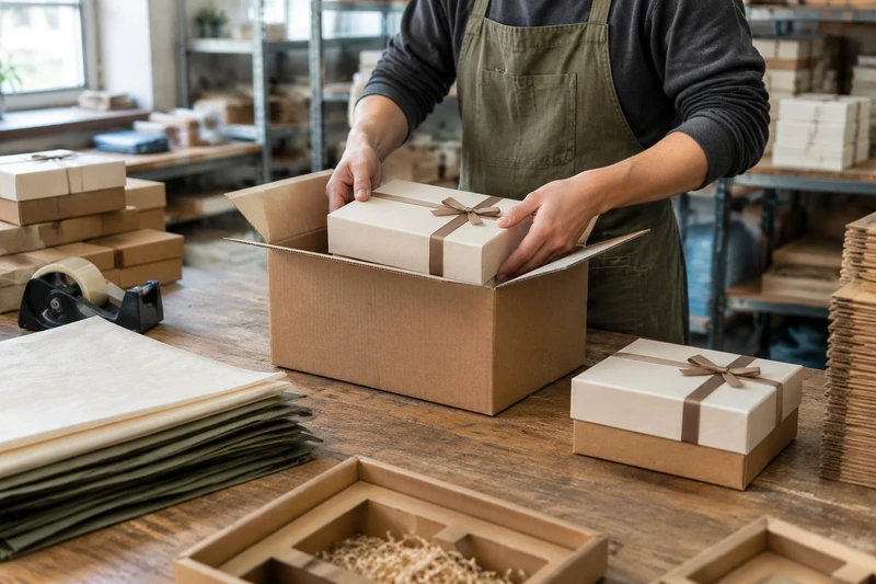 Een verpakkingsmedewerker die een afgewerkte geschenkdoos in een verzenddoos plaatst