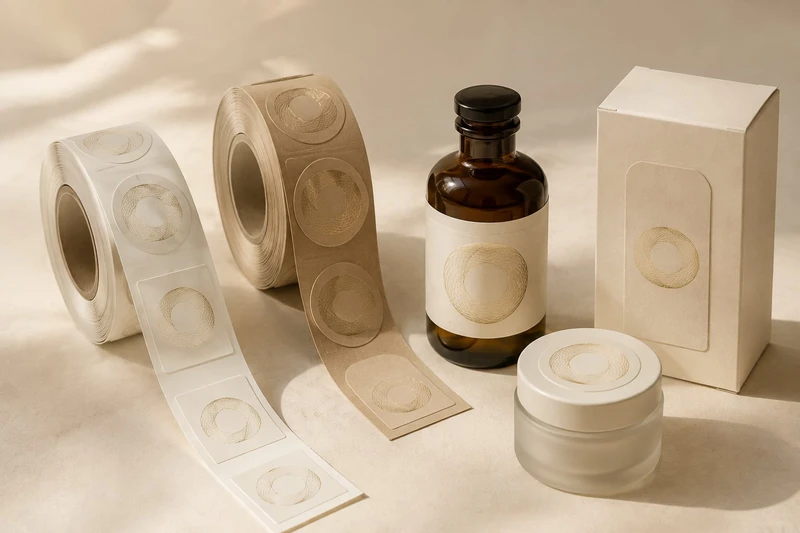 Rollen met crèmekleurige en kraftkleurige etiketten op maat, met bijpassende etiketten op flessen en dozen