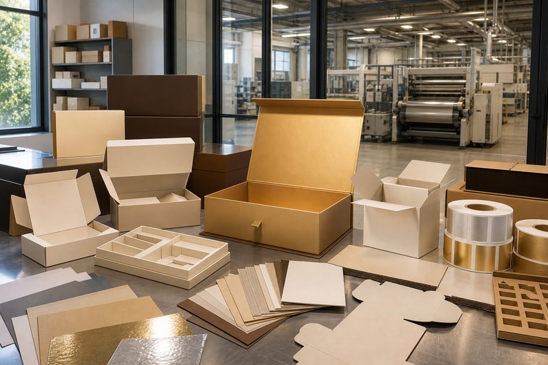 Illustratief assortiment onbedrukte maatwerkdozen, geschenkverpakkingen en etiketten