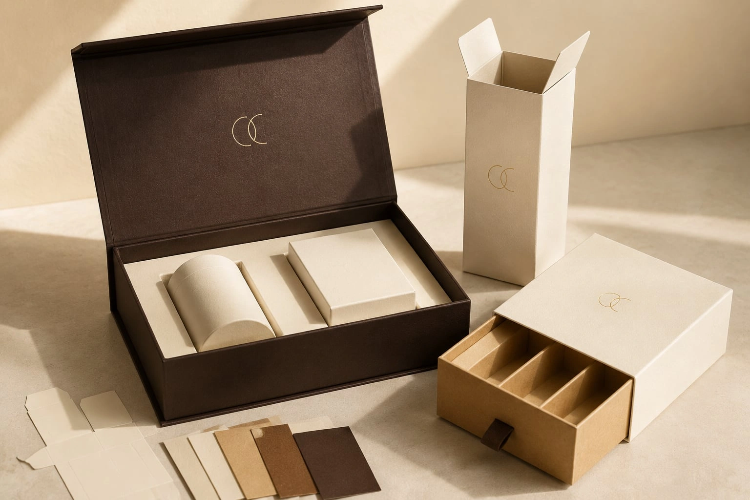Een afgestemde collectie crèmekleurige, kraft- en bruine verpakkingsdozen op maat