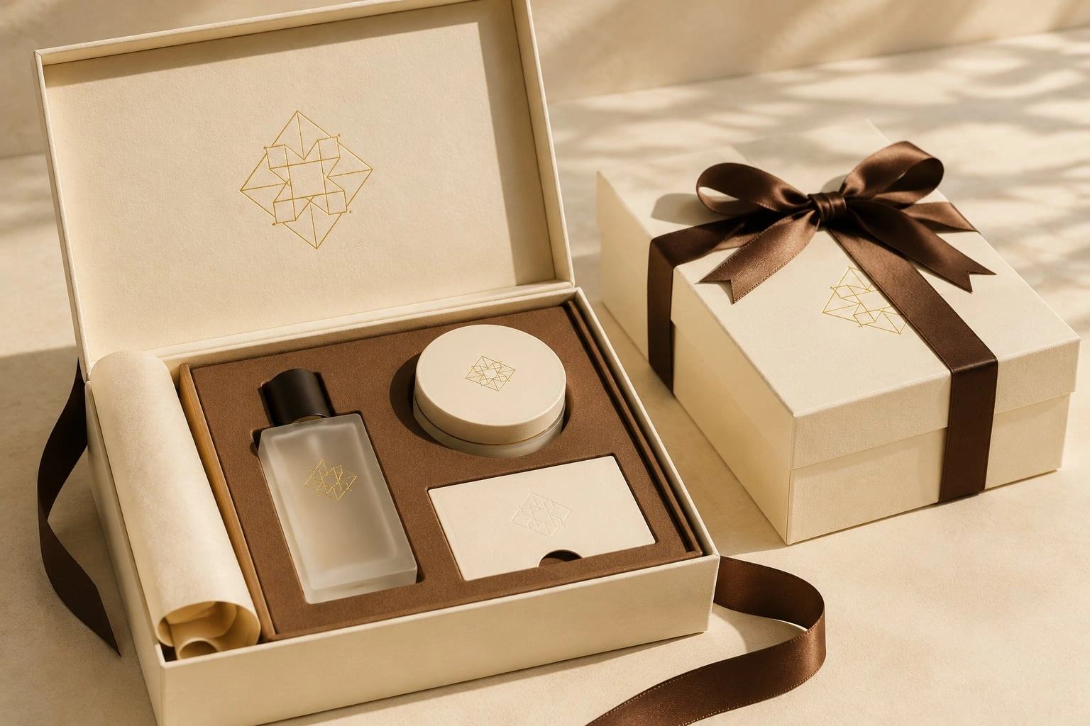 Een open crèmekleurige geschenkdoos met een op maat gemaakte inlay, warmbruin lint en bijpassende geschenkverpakking