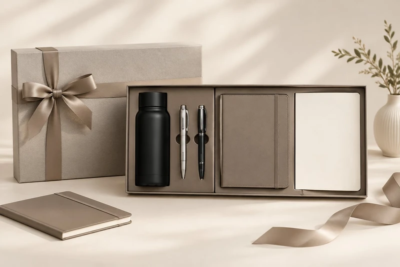 Afgestemde relatiegeschenkdoos met een notitieboek, fles en pen
