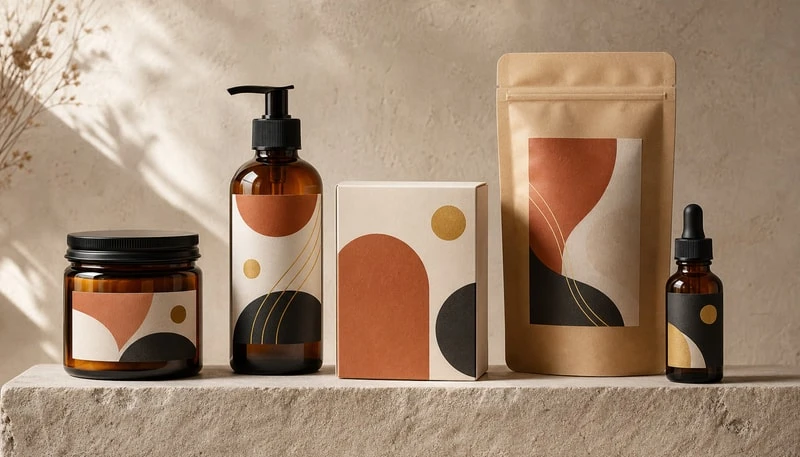 Productetiketten aangebracht op een amberkleurige fles, pot, kartonnen doosje en pouch