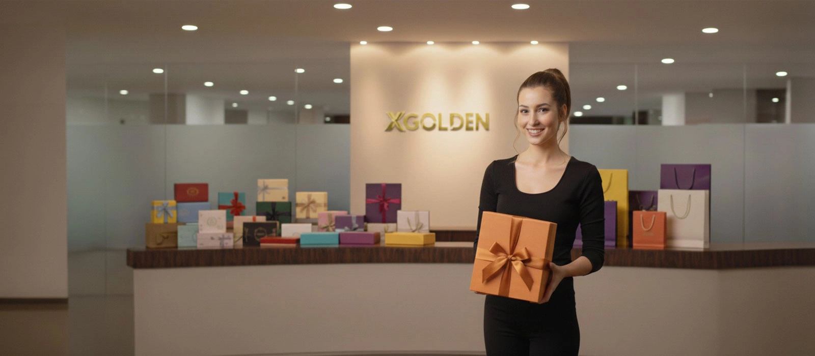 XGolden-showroom voor verpakkingen met geschenkdozen en een medewerker die een doos met lint vasthoudt